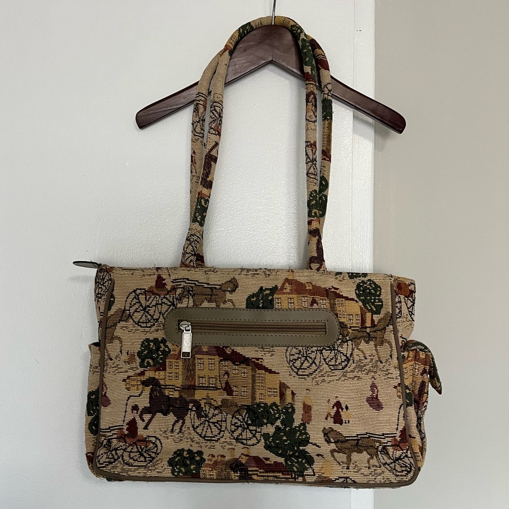 Victorian era themed Tapestry Shoulder Bag with horse carriages handmade